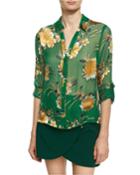 Eloise Roll-cuff Button Front Top, Green Yellow