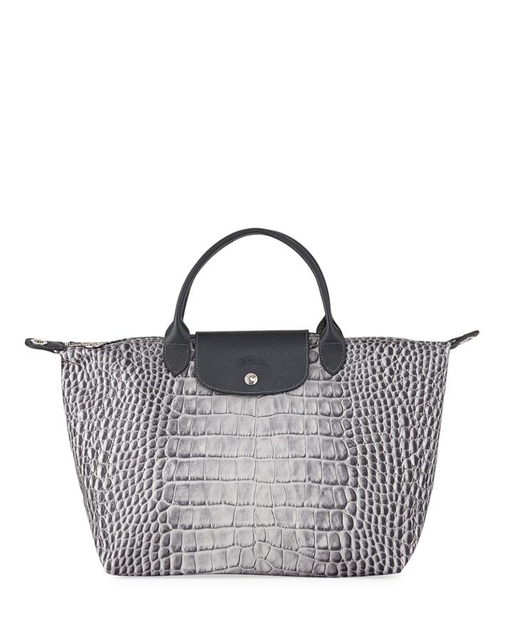 Le Pliage Medium Croco-print Top-handle Tote Bag