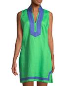 Sleeveless High-neck Two-tone Tunic Dress, Green/blue