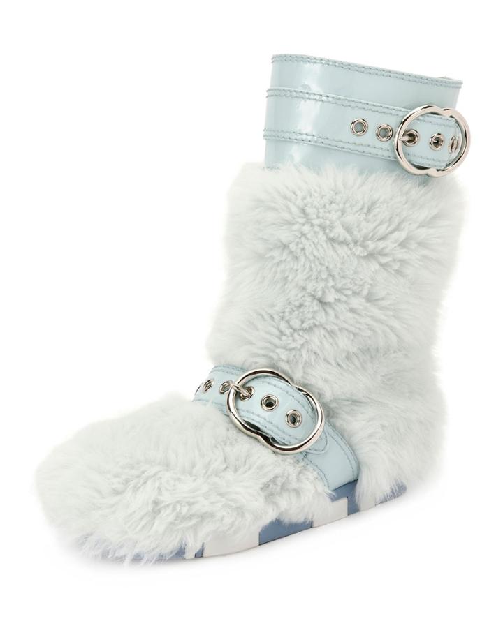 Faux-fur Boot With Buckle Detail, Blue