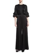 Satin Flutter-sleeve Jumpsuit, Black