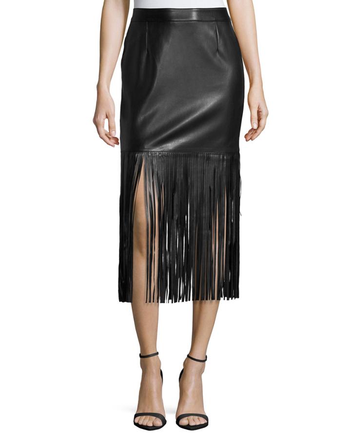 Neiman Marcus Faux-leather Long Fringe Skirt, Black,