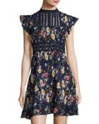Floralia Striped-bib Dress, Blue Pattern