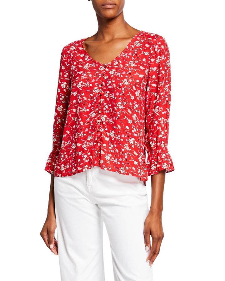 Farrah Floral Smocked-sleeve Blouse
