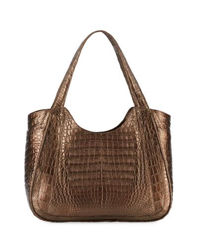 Medium Dipped Crocodile Shoulder Tote Bag, Brown
