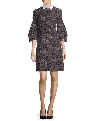 Printed Detachable-collar A-line Dress, Crimson/multi