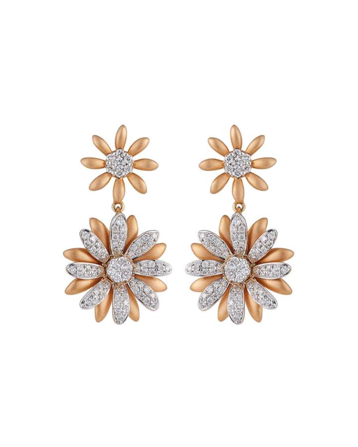 18k Pink Gold Diamond 2-flower Earrings