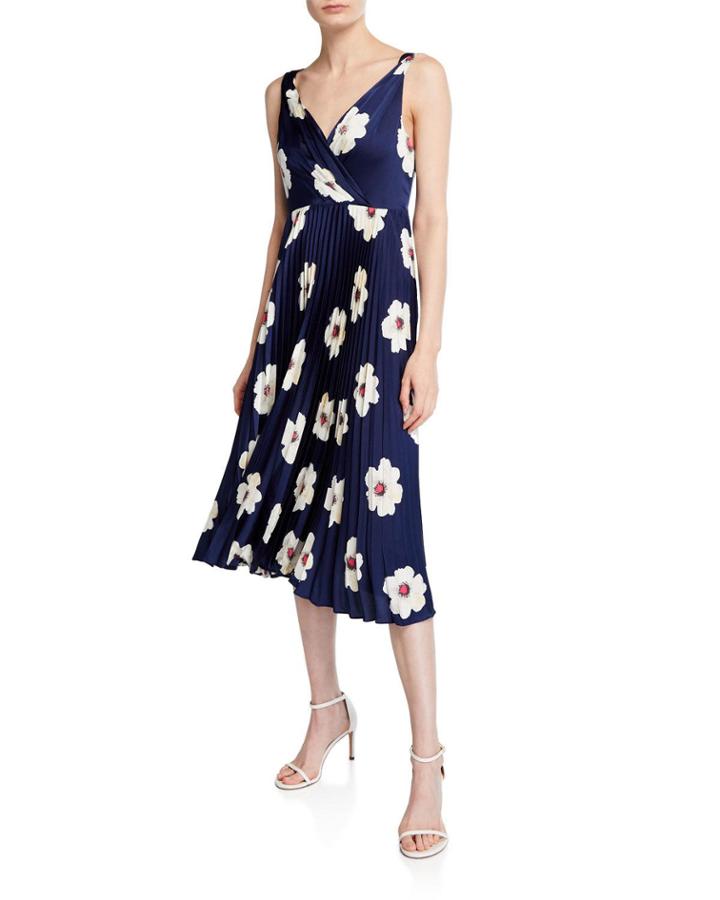 Twisted Front Floral-print Pleated Dress