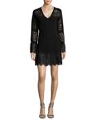 Long-sleeve Lace-trim Wool Sweaterdress, Black