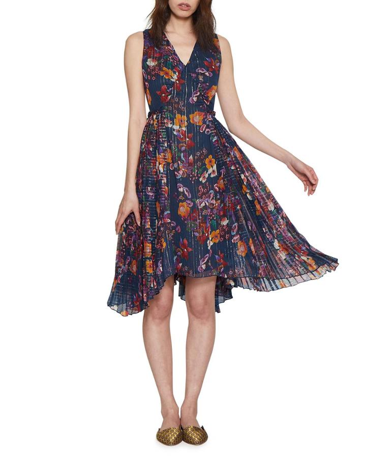 Teri Pleated Floral-print Asymmetric Dress