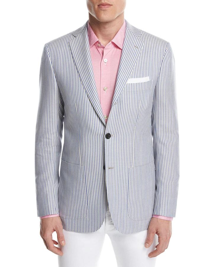 Striped Cashmere Two-button Sport Coat, Blue/white