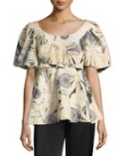 Belted Puff-sleeve Brocade Top, Black/white
