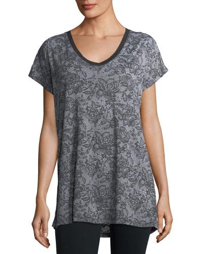 Lace-print V-neck Tee