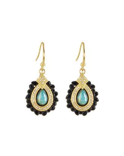 18k Turquoise & Quartz Doublet Drop Earrings W/ Diamonds
