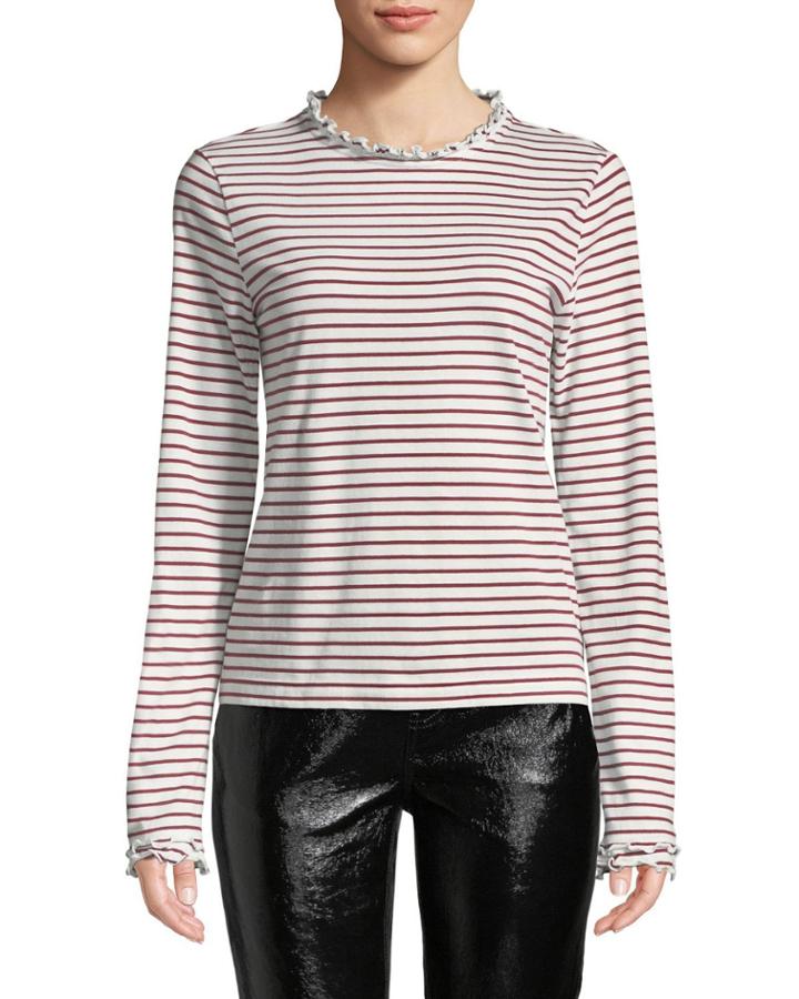 Striped Long-sleeve Ruffle Tee