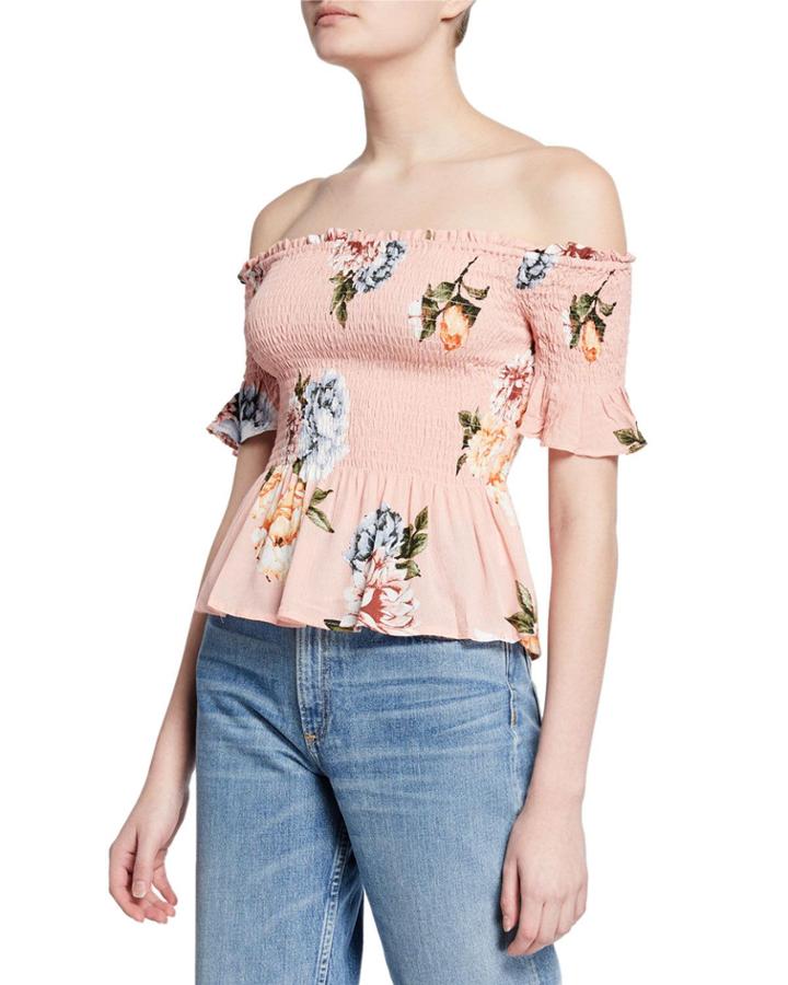 Floral-print Off-the-shoulder Ruched Peplum Top