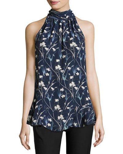 Floral-print Sleeveless Blouse, Deep Blue