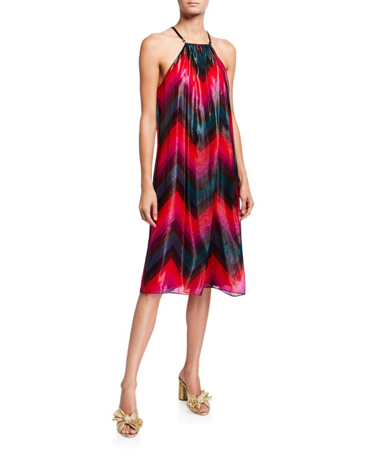Metallic Chevron Striped Trapeze Halter Dress