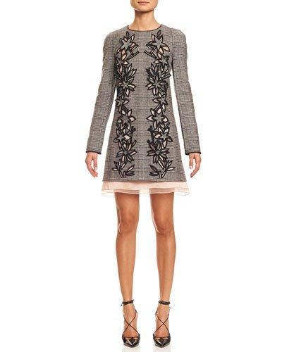 Long-sleeve Plaid Dress W/3d Appliques