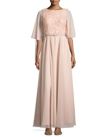 Half-sleeve Beaded-bodice Belted Gown, Caffe