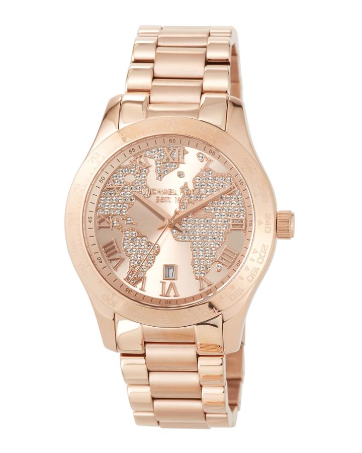 44mm Layton World Map Bracelet Watch, Rose Golden