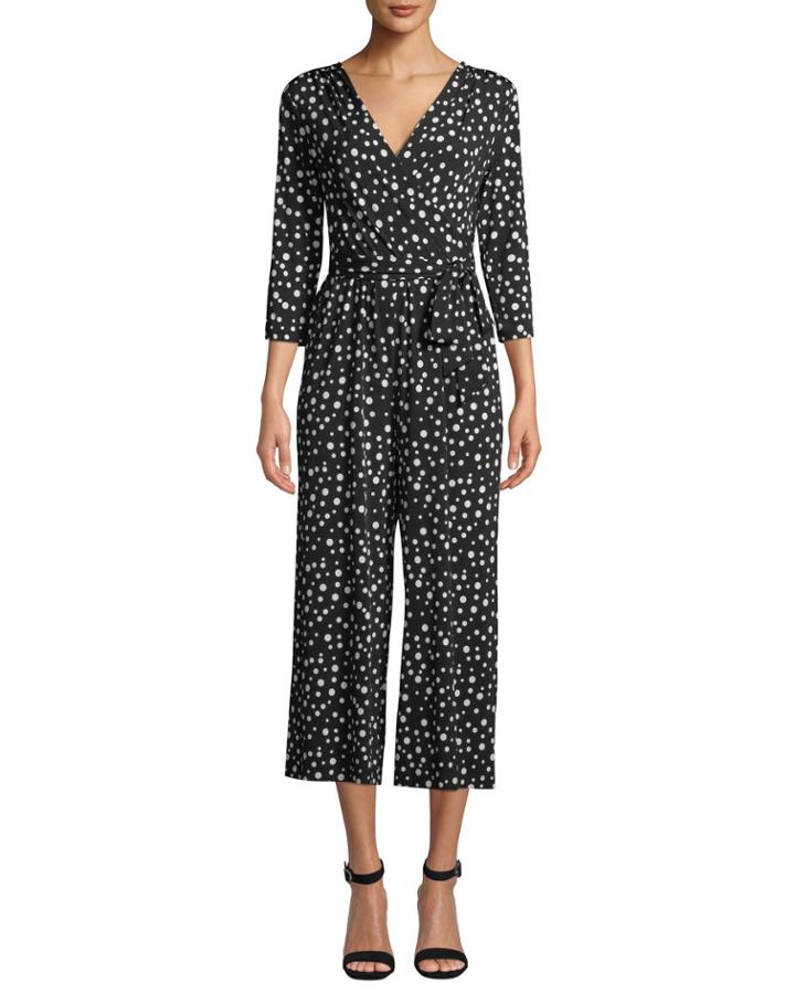 3/4-sleeve Polka-dot Jersey Wrapped Jumpsuit