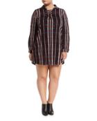 Lace-up Plaid Shirtdress, Purple,