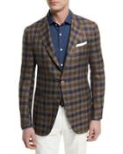 Large Check Two-button Sport Coat, Brown/navy