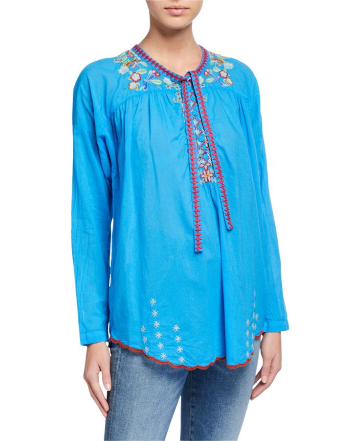 Dragonfly Embroidered Blouse With Ties