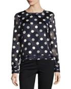 Polka-dot Long-sleeve Crepe Blouse, Blue/white