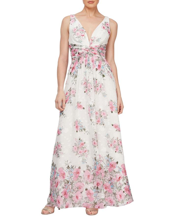 V-neck Surplice Ballgown With Floral Chiffon Burnout