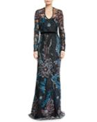 Long-sleeve Floral Embroidered Gown