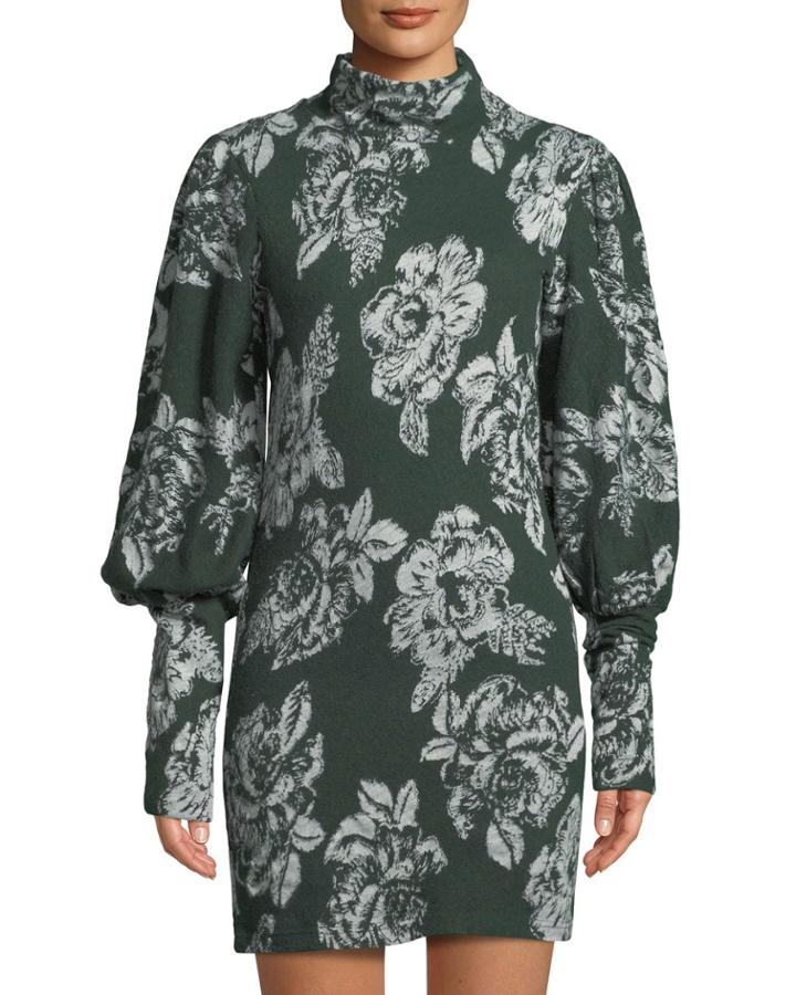Balloon-sleeve Floral-jacquard Sweater Dress, Green
