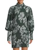 Balloon-sleeve Floral-jacquard Sweater Dress, Green
