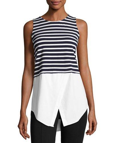 Sleeveless Layered Striped Top, Blue/white