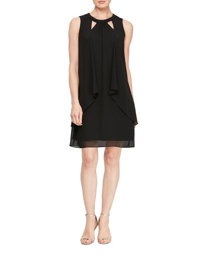 Chiffon Cutout Bead-neck Split-front Dress