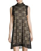 High-neck Lace-overlay Dress, Black