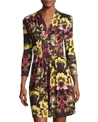 3/4-sleeve Floral-print A-line Dress,
