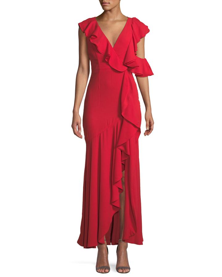 Vionna V-neck Sleeveless Draped Ruffled Evening Gown