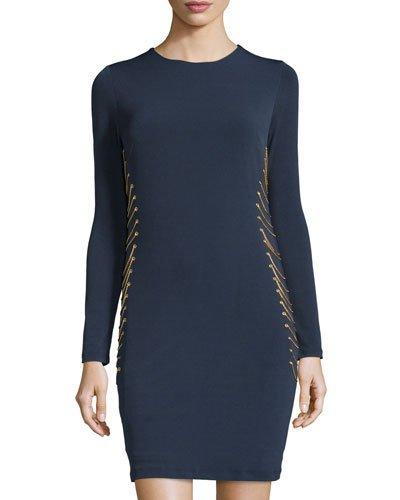 Long Sleeve Boat Neck Jersey Dress, Nightlife/gold