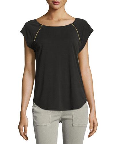 Zip-embellished Short-sleeve Tee, Charcoal