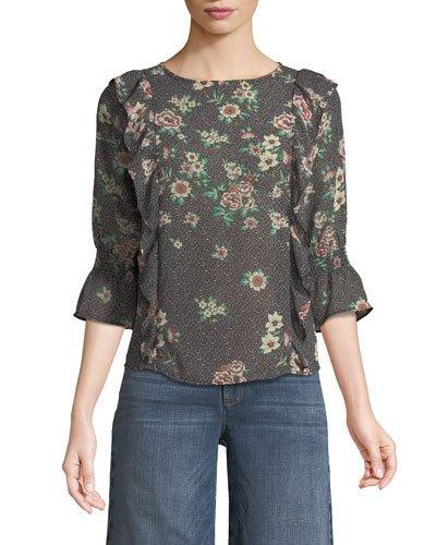 3/4 Sleeve Ruffled Floral Blouse