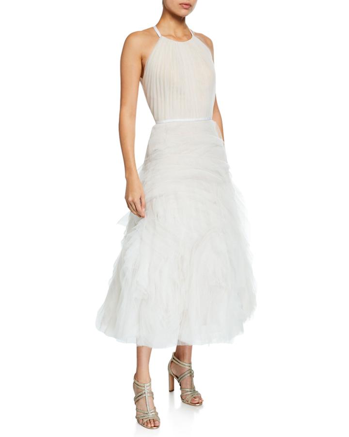 Halter-neck Textured Tulle Draped Bodice Tea-length Gown