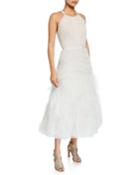 Halter-neck Textured Tulle Draped Bodice Tea-length Gown