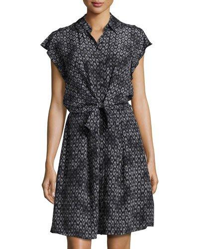 Button-front Printed Tie-front Dress, Black
