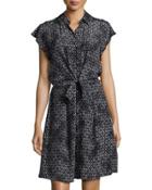 Button-front Printed Tie-front Dress, Black
