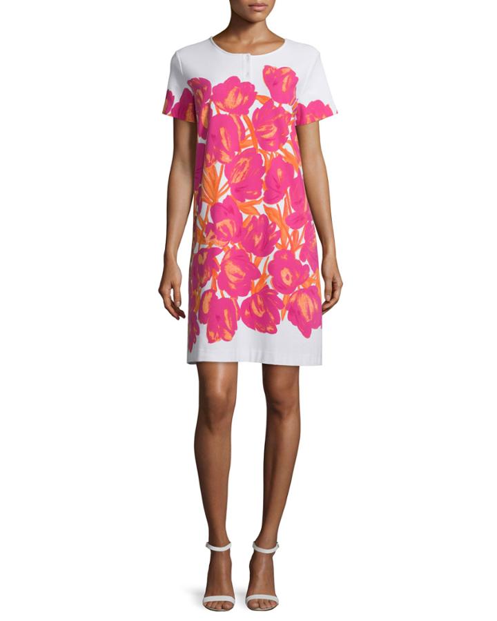 Short-sleeve Floral-print Pique Dress