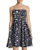 Bonded Mesh Strapless Dress, Blue/white