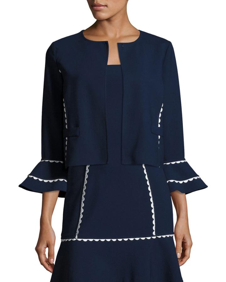 Flounce-sleeve Scalloped-trim Jacket, Blue/white