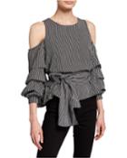Striped Cold-shoulder Ruched-sleeve Top